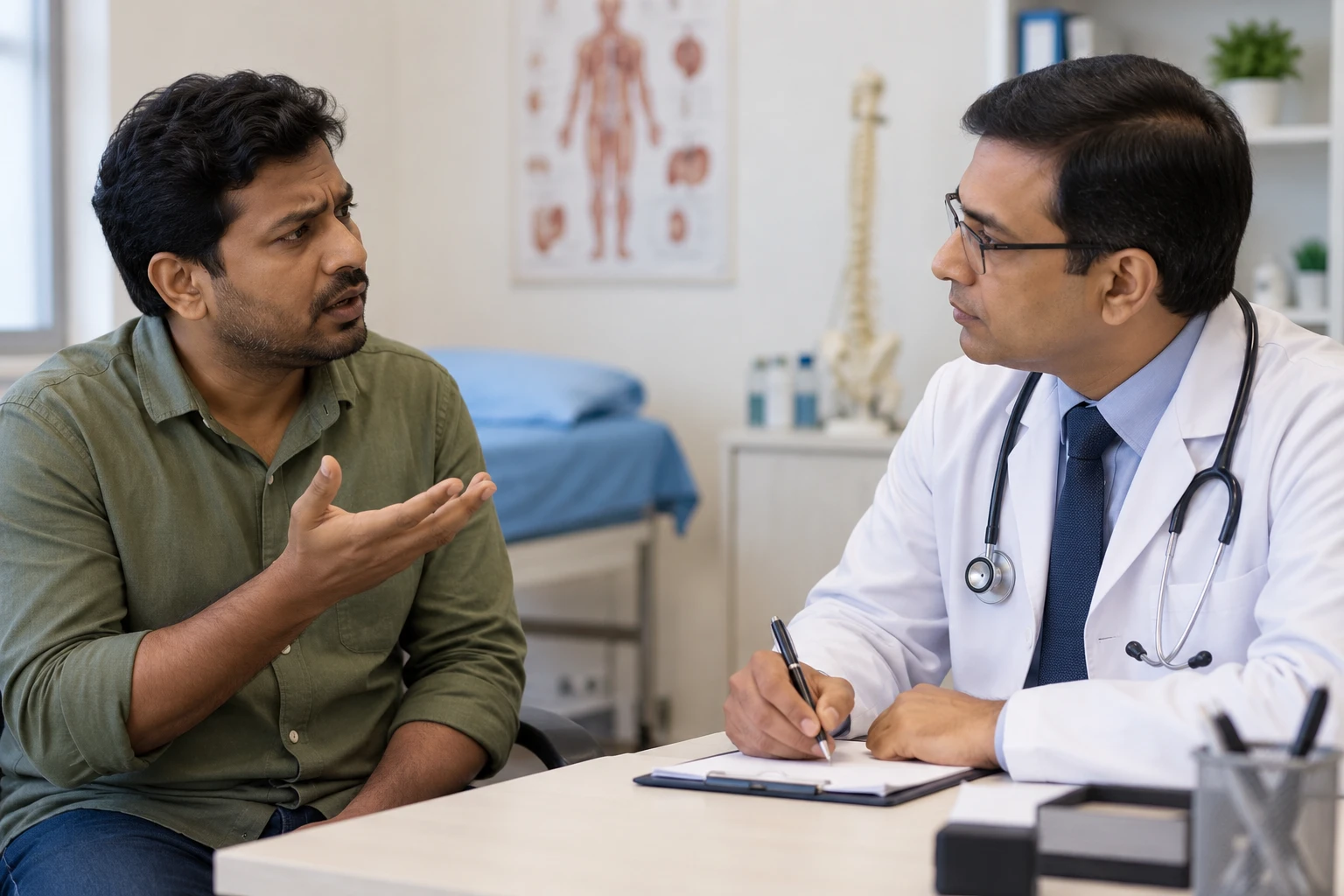 A patient asking the doctor questions during a consultation